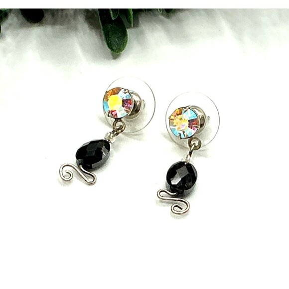 Black Bead and Aurora Borealis Rhinestone Dangle Earrings - Picture 2 of 4